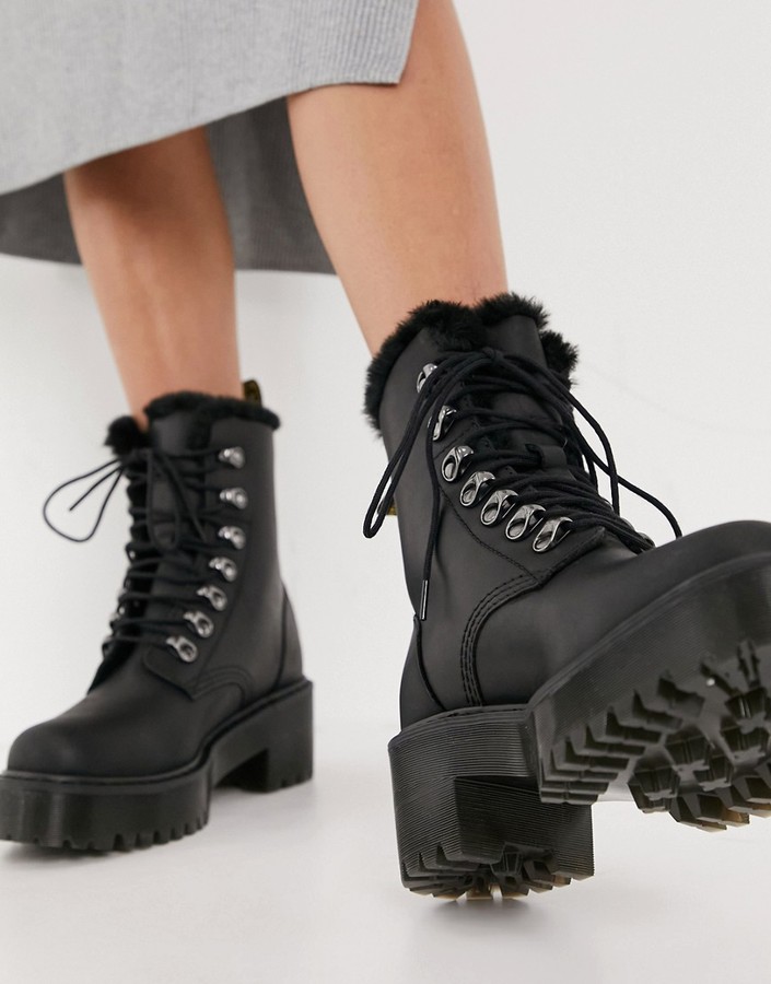 Dr. Martens Leona fluff lined heeled ankle boots in black - ShopStyle