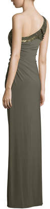 Mignon Embellished One-Shoulder Draped Gown, Olive