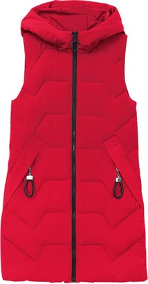 Daytwork Quilted Hooded Gilet Coats Women - Ladies Winter Warm Sleeveless Down Waistcoat Long Body Warmer Cotton Vest Jacket Outerwear Casual Red