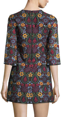 Alice + Olivia Coley Crewneck Bell-Sleeve Embroidered Dress