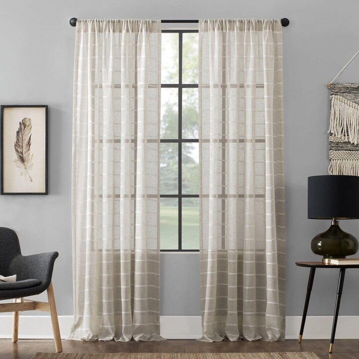 Clean Window Aso Twill Stripe Linen Blend White/Linen 95 in. L x 52 in. W Sheer Rod Pocket Curtain Panel