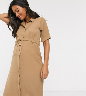 New Look Maternity tie waist midi shirt dress in camel