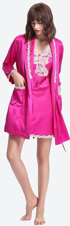 LILYSILK Silk Nightgown & Robe Set With Delicate Lace - Hot Pink - ShopStyle
