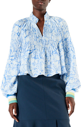 Tibi Isa Toile Pleated Cropped Blouse with Ribbed Cuffs