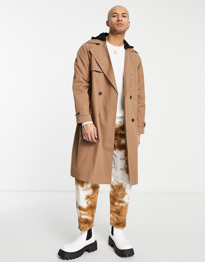 ASOS DESIGN water resistant oversized trench coat in stone with jersey hood  - ShopStyle