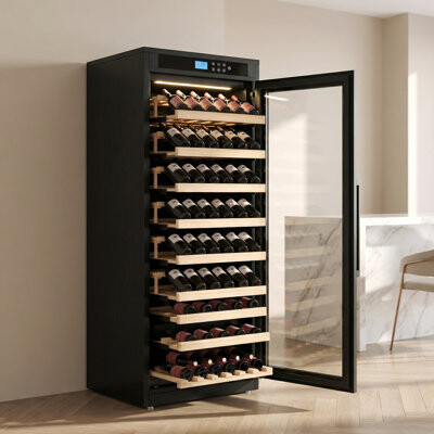 R.W.FLAME Vintara Modern Black MDF 70" Smart Dual-Zone Wine Cabinet – 64 Bottle Capacity, UV Protection & Quiet Cooling