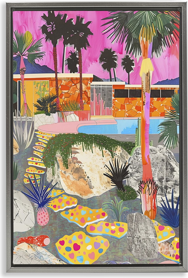 Stupell Industries Modern Tropical Villa Collage Abstract Painting Gray Floater Framed Canvas Art Print Wall Art, 21 x 31