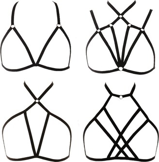 JMMHSS Women Punk Full Body Harness Elastic Cupless Cage Bra Adjustable Hollow Out Strappy Set Strappy Garter Belts 