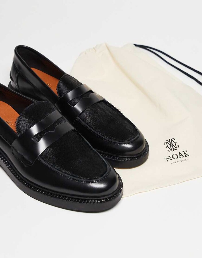 Noak made in Portugal penny loafers in black leather with cow hair vamp