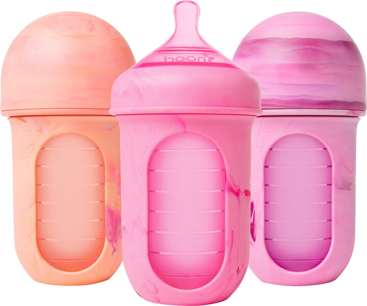 Boon NURSH® Reusable Baby Bottles with Platinum Food-Safe Silicone – Stage 2 Medium Flow – 8oz – Pink Tie Dye (3pk)
