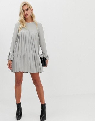 ASOS DESIGN pleated trapeze mini dress with long sleeves in grey