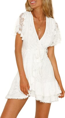 Itsmode Wrap V Neck Floral Lace Short Sleeve Dresses for