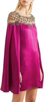 Marchesa Cape-effect Embellished Tulle-paneled Cady Mini Dress