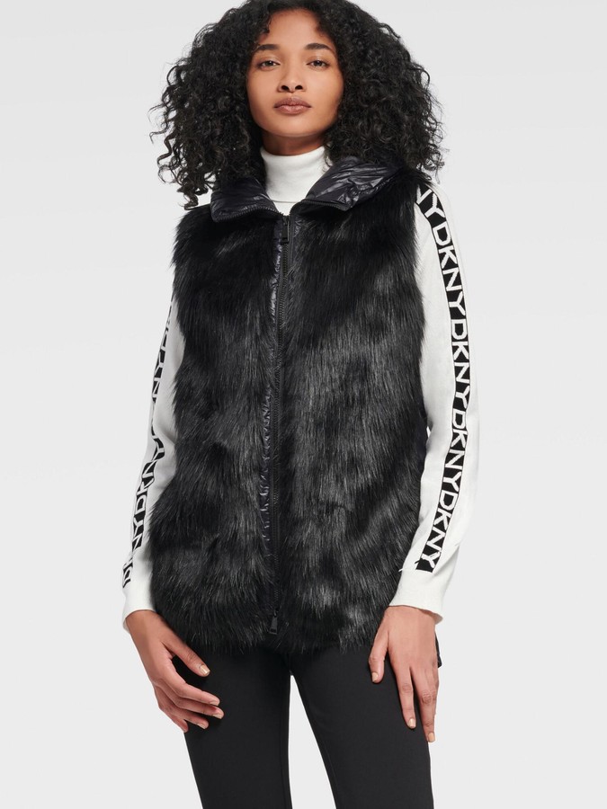 DKNY Women's Hooded Puffer Vest With Faux Fur Front - Black - Size XX-Small  - ShopStyle