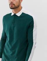 Thumbnail for your product : ASOS Design DESIGN organic long sleeve polo shirt with contrast shoulder panel in green