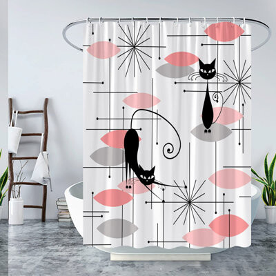 East Urban Home Retro Atomic Cat Shower Curtain - Mid Century Modern Pink & Grey Starburst Pattern
