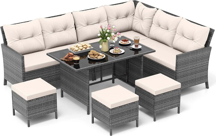 Gymax Set of 7 Dining Furniture Set Pe Rattan Sectional Sofa Set Patio