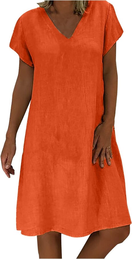 EUCoo Womens Cotton Linen Summer Dress Plus Size Soft Loose Short Sleeve Dress 