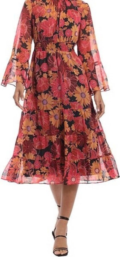Donna Morgan Floral Mock Neck Tiered Ruffle A-Line Midi Dress In Black Hot Coral