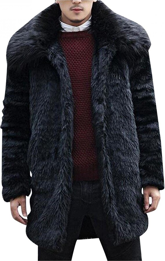 ZHIYAO Men's Faux Fur Jacket Solid Color Mid Length Thick Long Sleeve Coat Winter Warm Casual Turn-down Collar Trench Coats