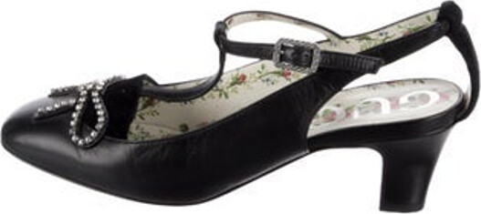 Gucci Leather T-Strap Pumps Black Crystal & Bow Accents Square-Toes Buckle Closure at Ankles Includes Dust Bag Unfortunately due to restrictions this item may not be eligible for shipping in all areas.