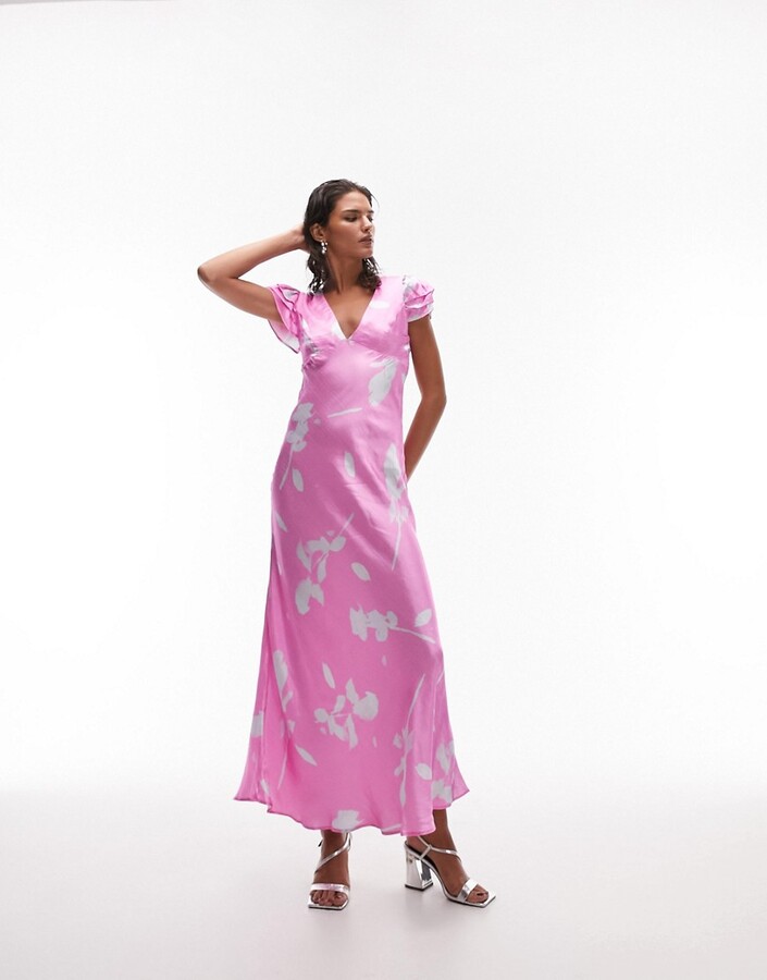 Topshop angel sleeve v neck maxi dress in pink floral print - ShopStyle