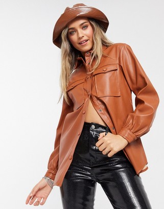 New Look utility leather look shacket in rust