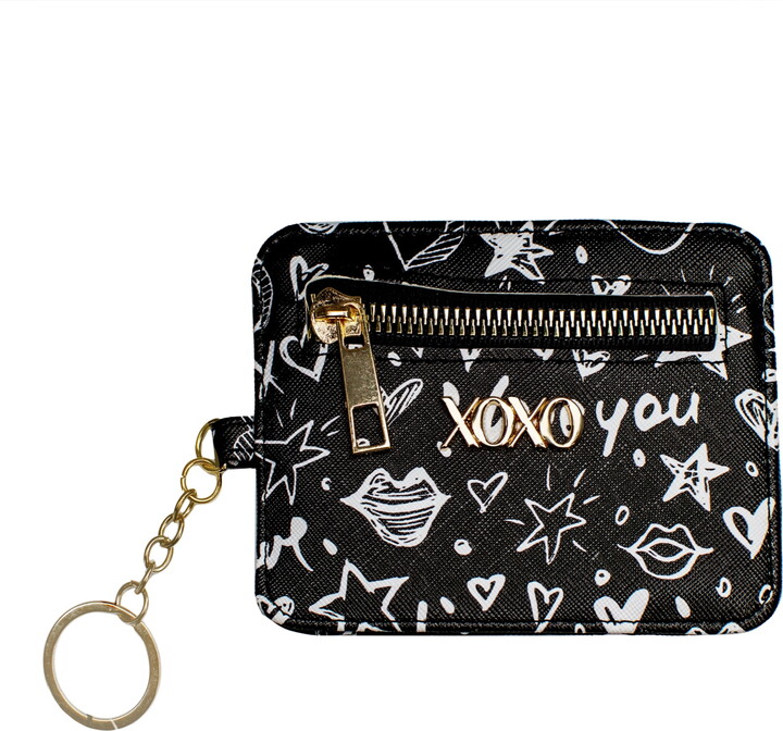 XOXO Women’s Mini Black Graffeti Print Saffiano Leather Key Card ID Coin Case Wallet