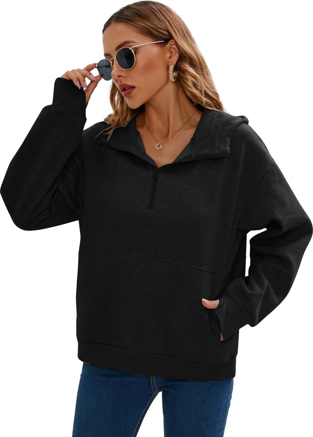 URBEST Women's Hoodies Fleece Lined Collar Pullover Half Zipper Sweatshirts  Long Sleeve Crop Sweater Tops with Thumb Hole BLACK S at  Women's  Clothing store