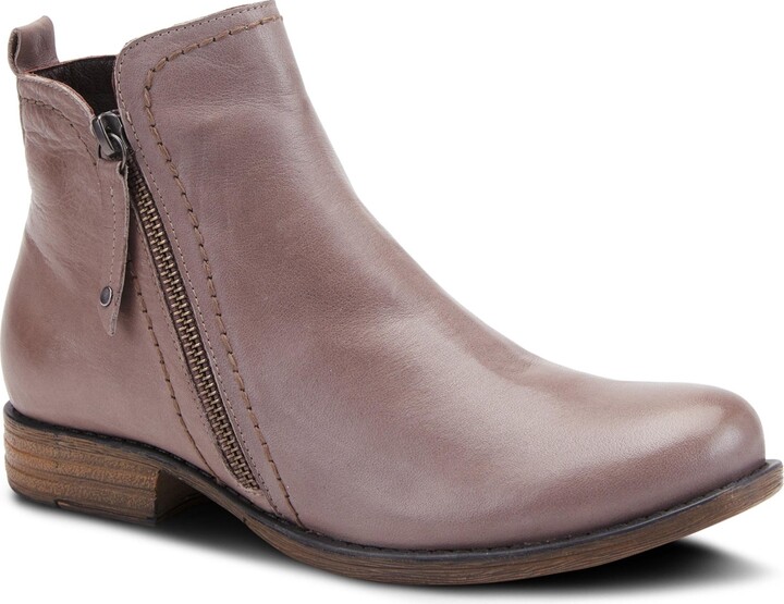 Spring Step Oziel Leather Bootie with Decorative Zipper and Chunky Sculpted Heel