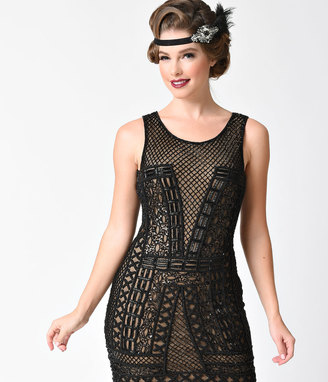 Unique Vintage 1920s Black & Nude Beaded Lattice Wharton Flapper Dress