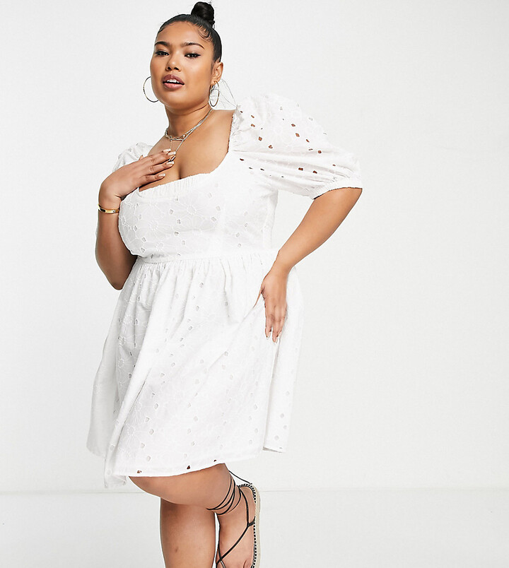 ASOS Curve ASOS DESIGN Curve broderie mini smock dress with shirred back in  white - ShopStyle