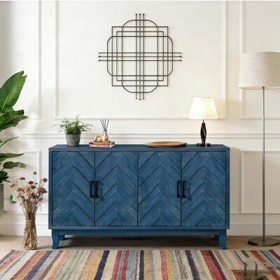 Latitude Run Retroy Vintage 4-Door Credenza Storage Buffet Solid Wood Base Cabinet