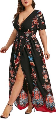 SHZFGUI Fashion Women's Plus Size Maxi Dress Sexy Ladies Loose Casual Boho  Short Sleeve V Neck Floral Printed High Low Long Beach Dresses Chic -  ShopStyle