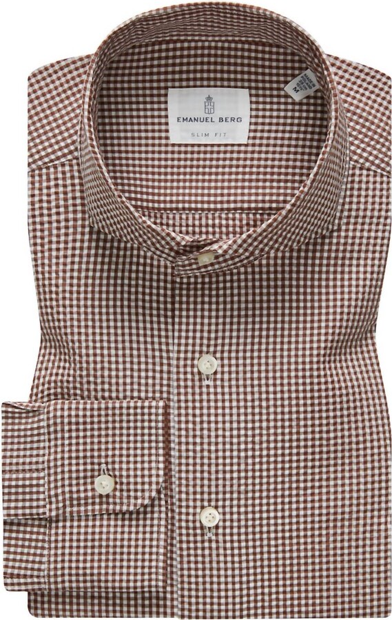 Emanuel Berg Mf Brown Check Cotton Crinkle Dress Shirt In Brown/white
