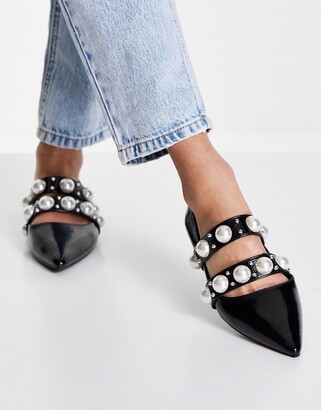 ASOS DESIGN Livia faux pearl studded ballets flats in black crinkle patent