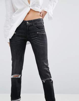Replay Super Skinny Mid Rise Biker Jeans With Zips And Rips