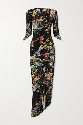 Preen by Thornton Bregazzi Ruched Floral-print Stretch-velvet Dress - Black