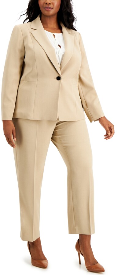 Le Suit Womens Plus Size 2 Button Shawl Collar Seamed Crepe Slim Pant Suit