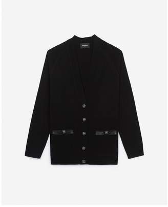 The Kooples Mid-length black cardigan with leather strips