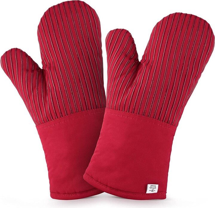 Silicone Oven Mitts - Extra Long Professional Quality Heat Resistant with Quilted Lining and 2-Sided Textured Grip Dark Red by Hastings Home