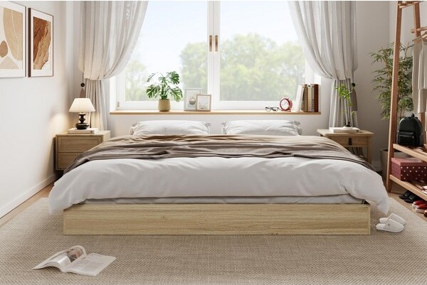 SunnyFurn C-KingSizeWoodenplatformbed,solidwoodenslats,floor-standingbedframe,modernminimalistdesign,space-saving,noboxspringrequired