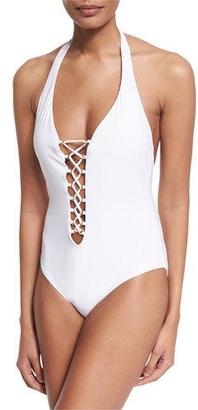 Red Carter Splice & Dice Lace-Up One-Piece Swimsuit, White