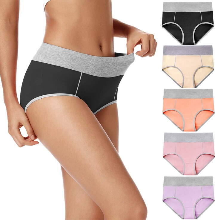  POKARLA Womens Cotton Stretch Underwear Ladies Mid-high  Waisted Briefs Panties 5-Pack