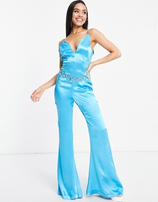 ASOS DESIGN V neck satin jumpsuit with chain belt in turquoise - ShopStyle