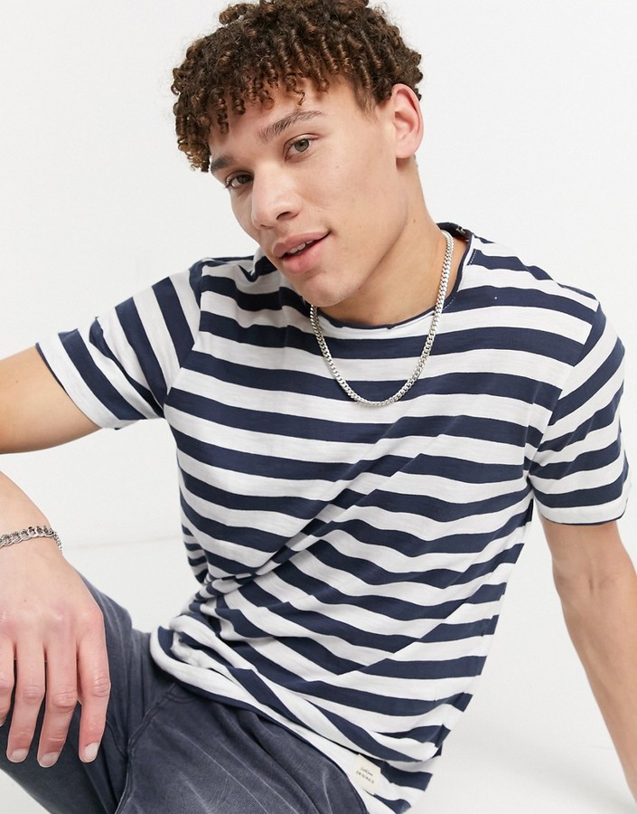 Jack and Jones Originals t-shirt in longline curve hem stripe in navy &  white - ShopStyle