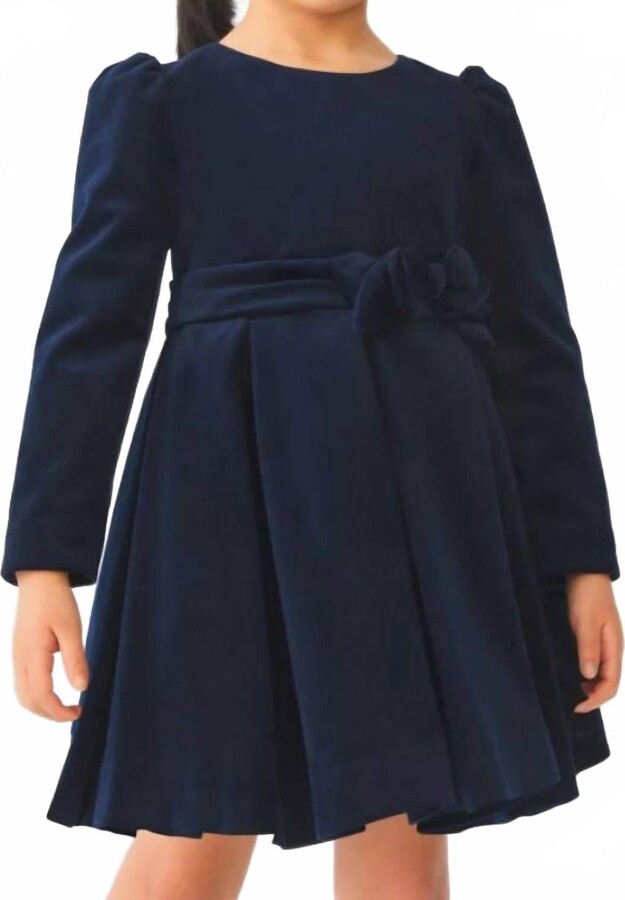 Abel & Lula Girls Pleated Velvet Dress In Navy