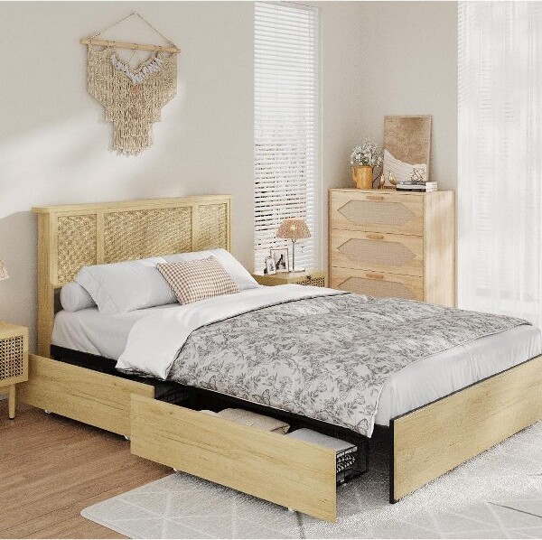 TruAIR FullSizeBedFrameBouclePlatformBedFrameUpholsteredHeadboardwithBuilt-inChargingStationNoBoxSpringNeededEasyAssemblyCream
