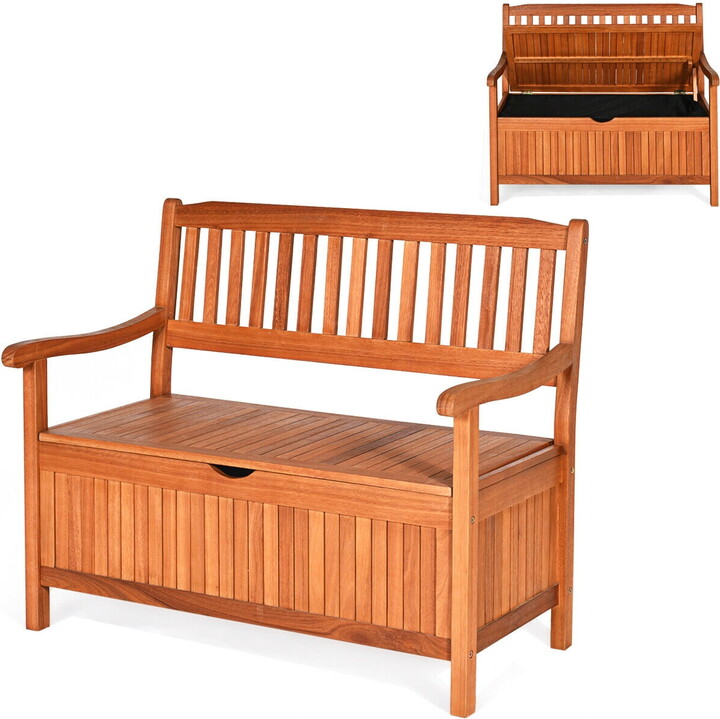Gymax 42'' Storage Bench Solid Wood Seating Container Deck Box Tools Toys W/Backrest