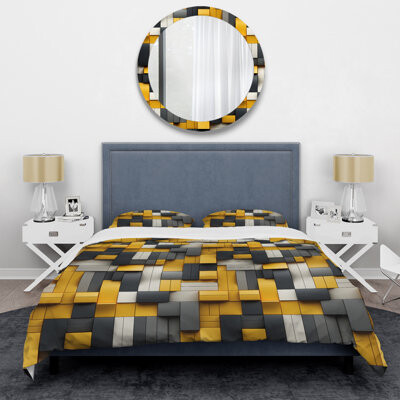 Design Art Yellow And Grey Geometric Blocks Harmony I Gray/Yellow Microfiber Duvet Cover Set